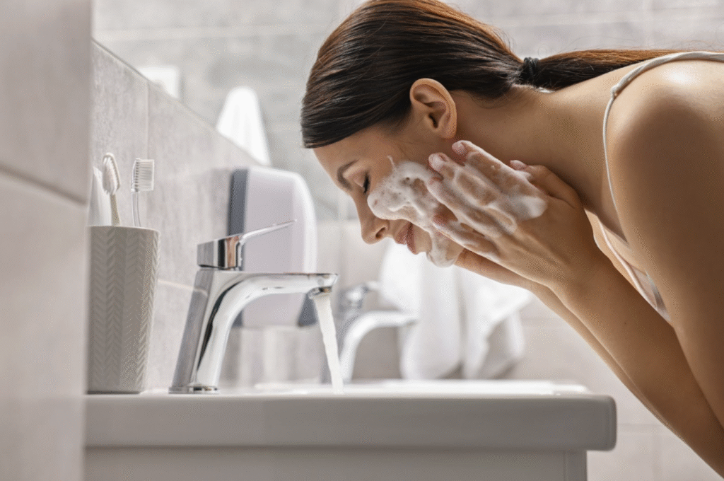Woman washing her face with a foaming cleanser to avoid using harsh skincare products and over-exfoliating