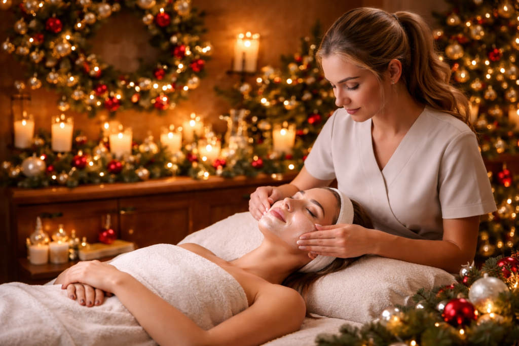 Festive spa setting with holiday décor as an esthetician provides a relaxing facial treatment during the Christmas season.
